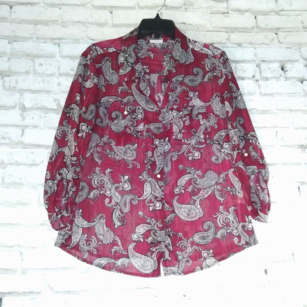 Rebecca Malone Womens Button Up Blouse Large Petite Red Paisley Metallic